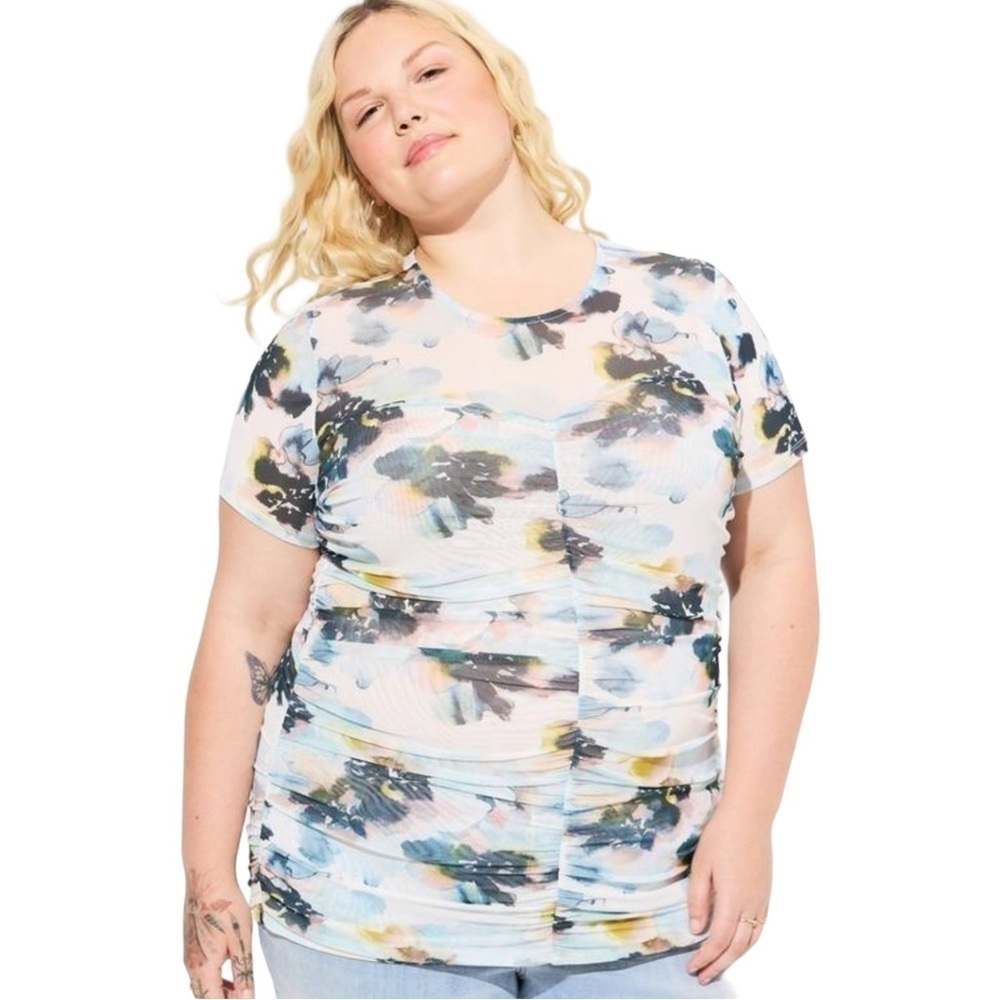 NWT Torrid Women’s Plus Watercolor Floral Stretch Mesh Ruched Top Size 1X | 3093